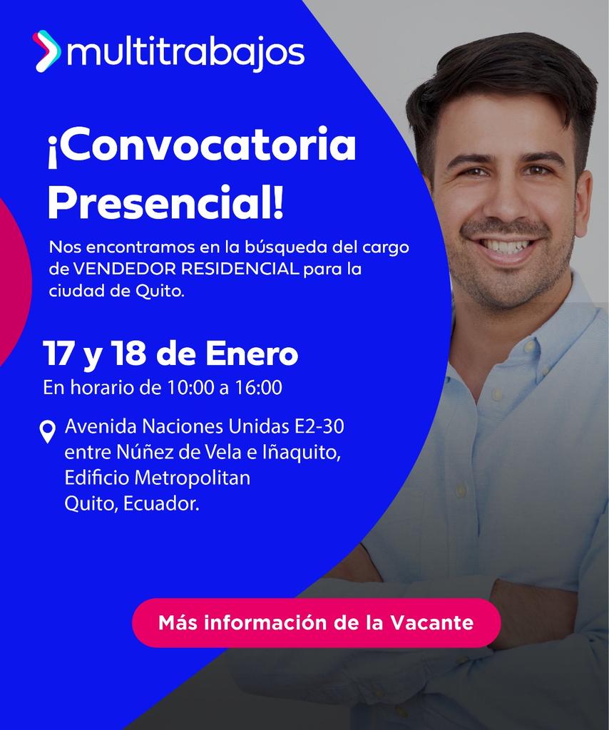 exactodigital's tweet image. #Ecuador #Quito CONVOCATORIA MASIVA BUSCAMOS VENDEDORES INTANGIBLES

Interesados que cumplan perfil asistir (presencial) día lunes 17 y martes 18 de enero de 2022, en horario de 10:00 a 16:00 Avenida Naciones Unidas E2-30 entre Núñez de Vela e Iñaquito, Edificio Metropolitan