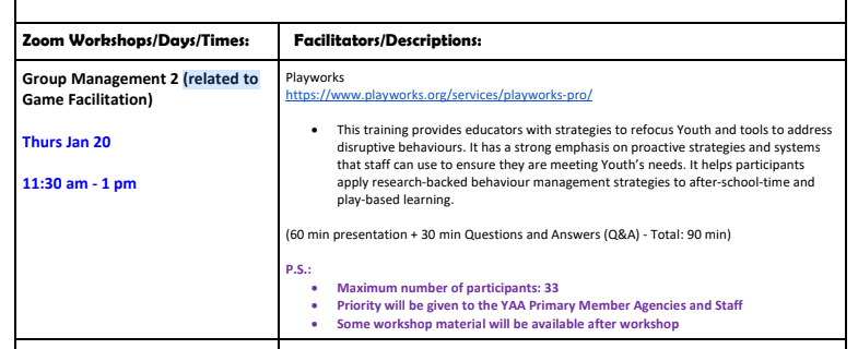 YAAevaluation's tweet photo. @YAAprograms Our YAA 2022 first workshop, Group Management 2, is on Thurs Jan 20, 11:30 am to 1 pm, please email us today for your registration today. Free registration for all YAA Agencies, Staff, and Volunteers. See details below. https://t.co/YypmRrRts2