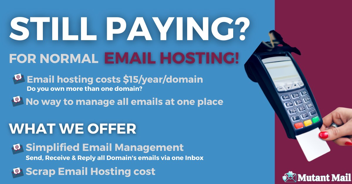 mutantmail's tweet photo. Are you Still Paying?
For same old Email Hosting, without any value added benefit?
In fact, GoDaddy started to charge $$$/email/domain/year since Jan 2022.
Our Value proposition is two fold, with best, innovative and unique solution in market.
#email #solution #mutantmail https://t.co/2R8EVG2B6I