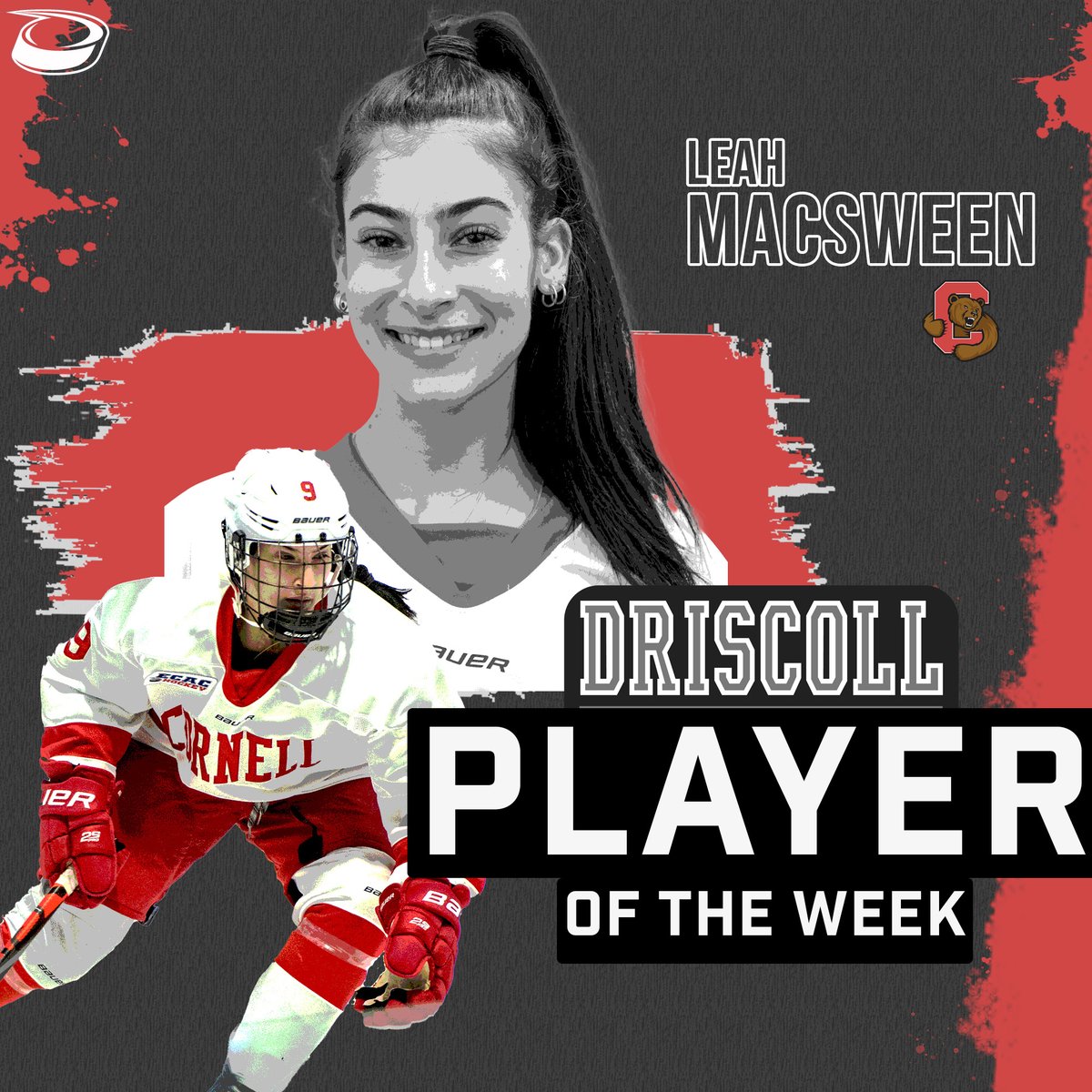 ecachockey's tweet photo. PLAYER OF THE WEEK 🏅

Leah MacSween had a breakout performance for @CornellWHockey this week. The rookie forward was KEY in the Big Red's win over Penn State on Tuesday, dishing out 3️⃣ assists.

Powered by @driscoll_hockey https://t.co/cJ3O1rjBpT
