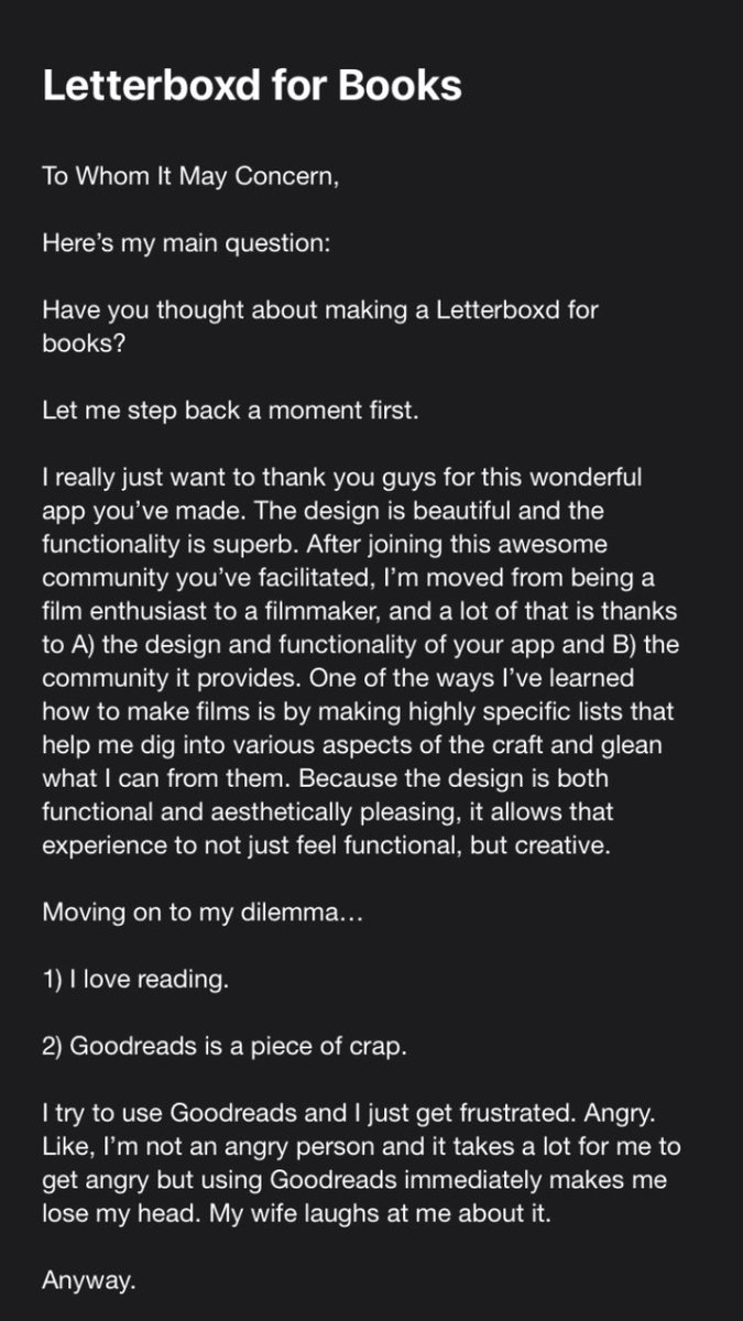 MatthewCutchen's tweet photo. today i emailed @letterboxd about making a platform for book lovers…

#LETTERBOXDFORBOOKS

#letterboxd #goodreads #reader #bookworm #books #film https://t.co/ifmNC9NQvB