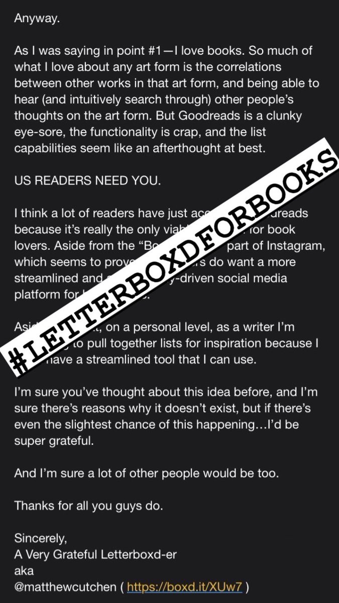 Matthew Cutchen (@matthewcutchen) on Twitter photo today i emailed <a href="/letterboxd/">Letterboxd</a> about making a platform for book lovers…
#LETTERBOXDFORBOOKS
#letterboxd #goodreads #reader #bookworm #books #film today i emailed <a href="/letterboxd/">Letterboxd</a> about making a platform for book lovers…
#LETTERBOXDFORBOOKS
#letterboxd #goodreads #reader #bookworm #books #film