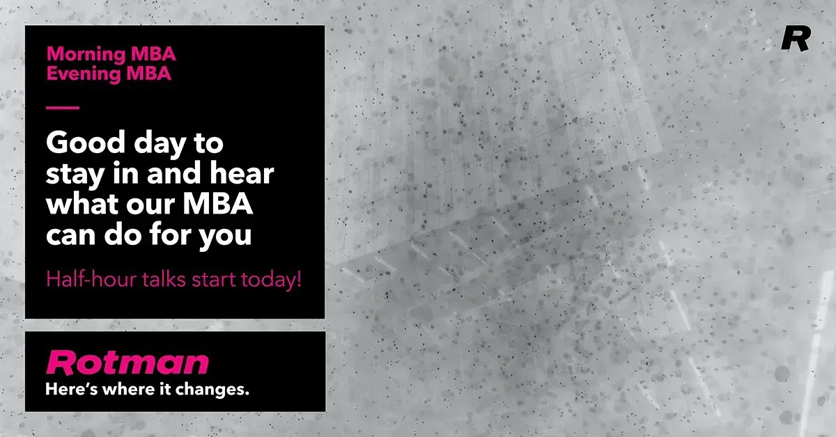 RotmanMBAMFin's tweet image. A little chilly? Warm up by envisioning yourself starting your MBA in August 2022. This week's Morning/Evening MBA fair includes lunchtime and evening events for all stages of MBA admission. See the full schedule: buff.ly/3GDsTv6 #mba @rotmanschool