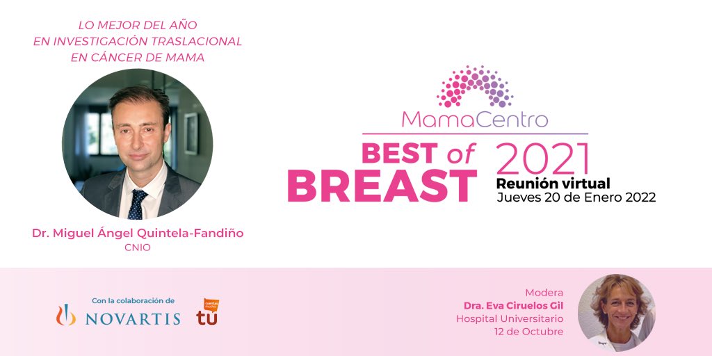 El Jueves 20 contaremos con la presencia del Dr. Miguel Ángel Quintela-Fandiño del <a href="/CNIOStopCancer/">CNIO Stop Cancer</a> que nos hablará de investigación traslacional en #cáncerdemama 

Modera la Dra. Eva Ciruelos Gil del <a href="/hospital12Oct/">Hospital 12 Octubre</a> 

#BestofBreast21 #20EneroMamaCentro <a href="/NovartisSpain/">Novartis España</a>