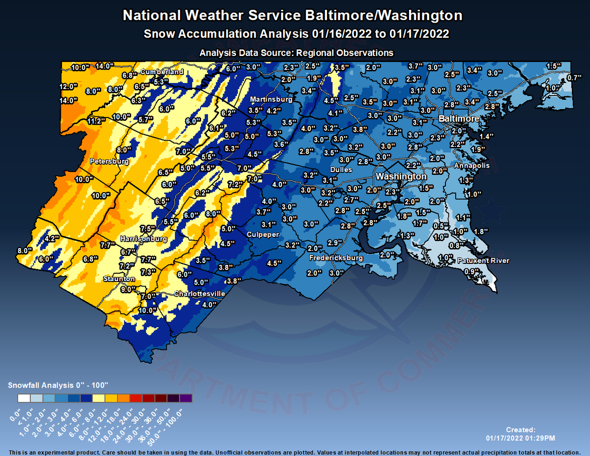 NWS_BaltWash's tweet photo. Here's a map of snowfall and ice reports from Sunday into this morning. An interactive map can be found here (https://t.co/3BX1V7IIj5). Snow showers will continue into the overnight along the Alleghenies, with near blizzard conditions possible at times. A few flurries elsewhere. https://t.co/FvRoe6wJ6M
