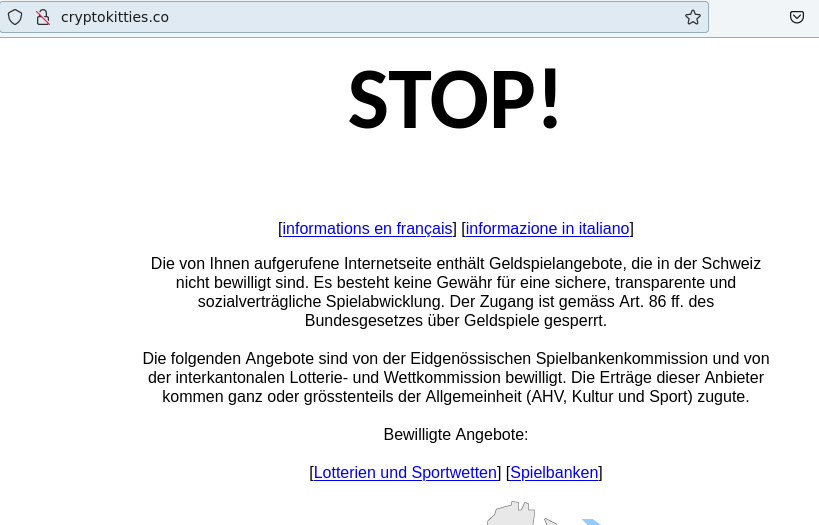 vecirex's tweet photo. Dachschaden total - das #Geldspielgesetz trägt ganz "lustige" Früchte: offenbar ist der Zugang zur #CryptoKitties-Webseite https://t.co/HQtWEEXlDV webzensiert.
(Danke C für den Hinweis!)
#CryptoKitty $ETH #Ethereum #GSGnein https://t.co/2mCQmg5uIo