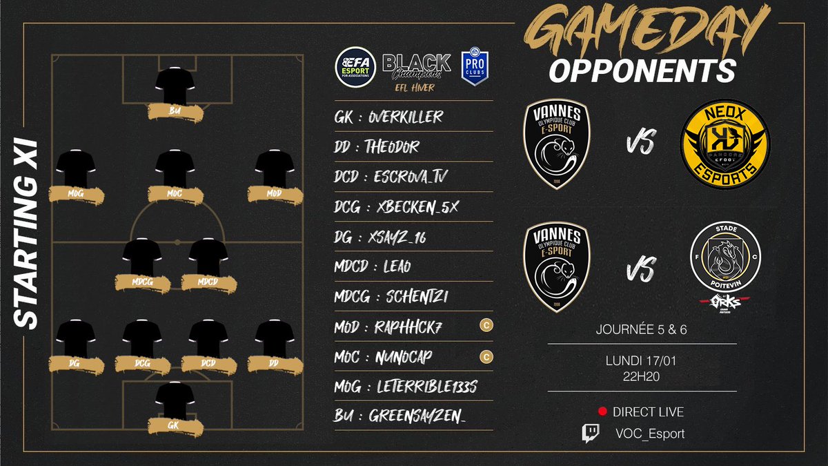 🔜 SUITE DE LA SAISON EFL HIVER ! 🤯

22h20 🆚 <a href="/Pandore_eFoot/">Pandore eFoot</a> J5- Black
22h40 🆚 <a href="/orKsGP_Fifa/">orKs GP #E-Foot</a> J6 - Black

À nous d’enfin démarrer cette saison <a href="/eSportFA_FR/">ESPORT FOR ASSOCIATIONS</a> ! 

Allez les gars ! ⚫️⚪️

🎥 twitch.tv/eSportFA