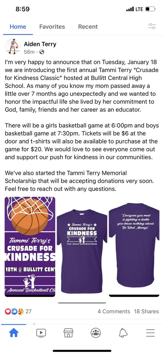 Please wear purple or even better purchase a shirt to support our first ever Tammi Terry Crusade for Kindness night tomorrow at home vs Spencer County. It is a purple out for Mrs. Terry. Girls at 6:00 boys to follow.