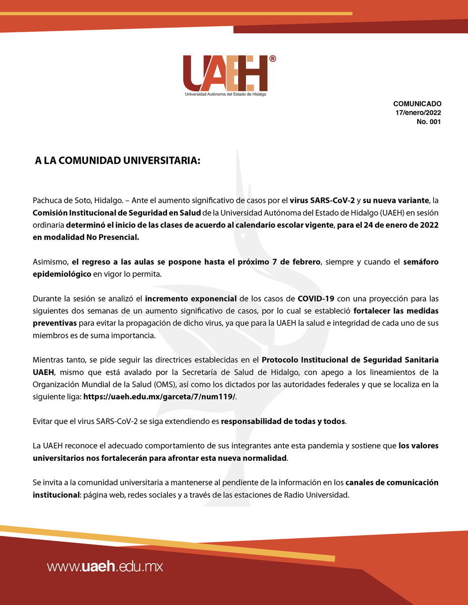 UAEH_OFICIAL's tweet photo. ¡ATENCIÓN! ¡COMUNICADO UAEH! https://t.co/GbCklnPcmS
