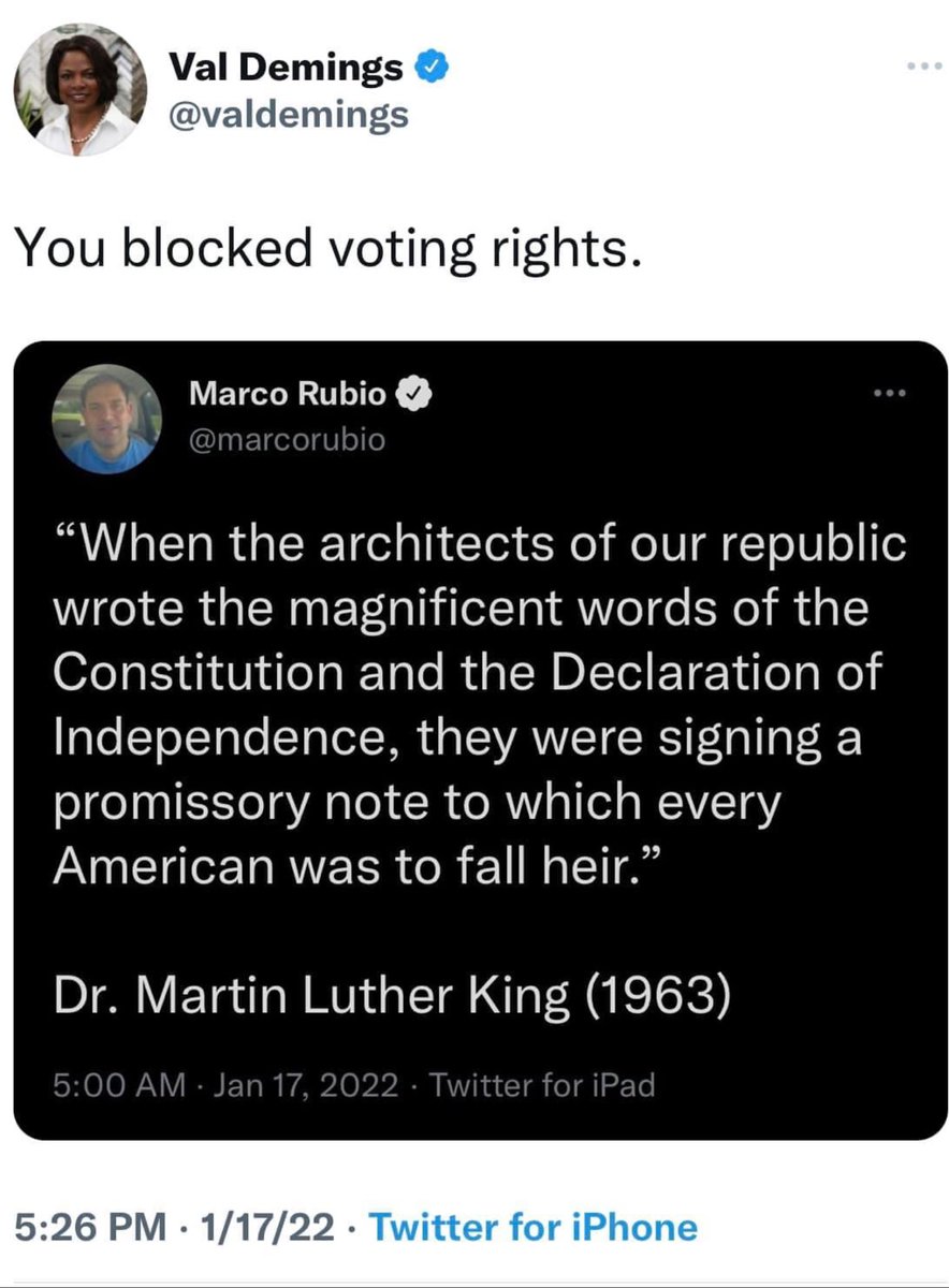tizzywoman's tweet photo. Iโm all about this! Thank you @valdemings for, once again, pointing out Rubio's hypocrisy.
#VotingRightForMLK
#ValDemings4Senate
#FlaPol https://t.co/ySspHaKmLG