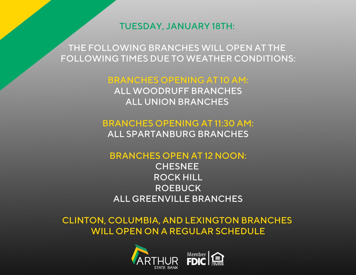 ArthurStateBank's tweet photo. Due to weather conditions, some of our branches will open at a later time on Tuesday, January 18th. https://t.co/DBlE3iDa8Q