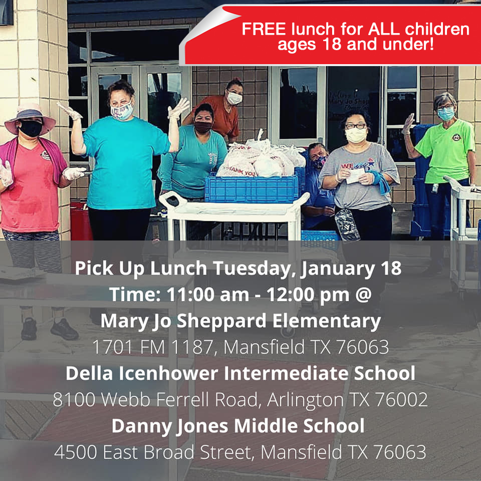 mansfieldisd's tweet photo. MISD schools will be closed Tuesday, Jan. 18, but FREE curbside meals will be available for all kids ages 18 &amp; under from 11 a.m. to noon. Children don’t have to be present to receive a meal, but please bring proof (school ID, report card, birth certificate, etc.) See meal sites: https://t.co/Mgu2uOa4iu