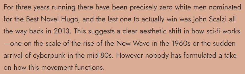 So, I do have a take on how this movement functions, strictly as a practical matter, and involving the Hugos and other awards. I will share it with you in further tweets in this thread. (Quote is from Elizabeth Sandifer and taken from here: eruditorumpress.com/blog/four-tiny…)