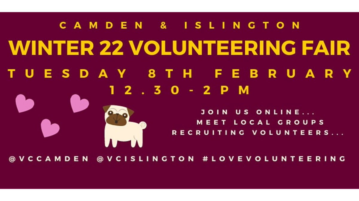 Join Islington &amp; Camden Winter Volunteering Fair 2022. Meet local groups recruiting for volunteers. Held via Zoom on Tue 8 Feb 12.30-2pm. For details &amp; book: bit.ly/3zzYsmW
<a href="/VCIslington/">Volunteer Islington</a> <a href="/VCCamden/">Volunteer Centre Camden #NeverMoreNeeded ♥️</a> <a href="/volaction_is/">Vol Action Islington</a>   
#GetVolunteering #LoveVolunteering #islington #Camden