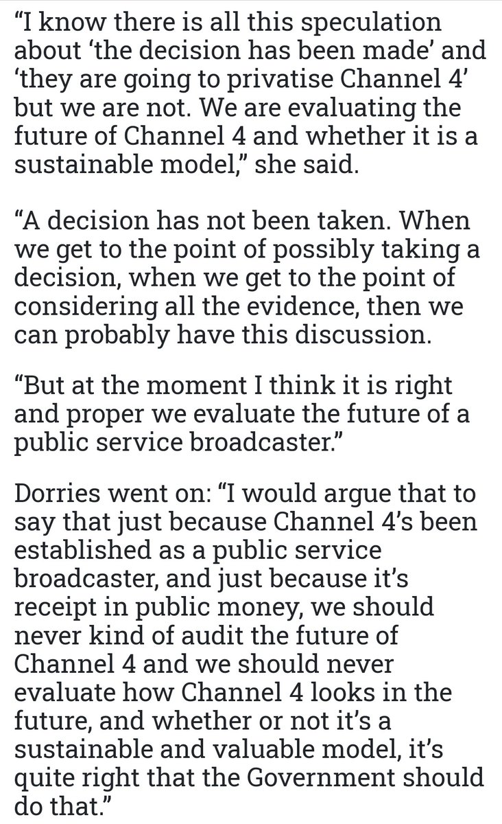 @sturdyAlex @PBottomleyMP @NadineDorries This is a screenshot of a transcript of something Ms Dorries said in connection with Chanel 4 to an APPG - sounds very similar to the utter gibberish she spoke today in connection with #BBCLicenceFee who is briefing this Minister?..they have my sympathies!