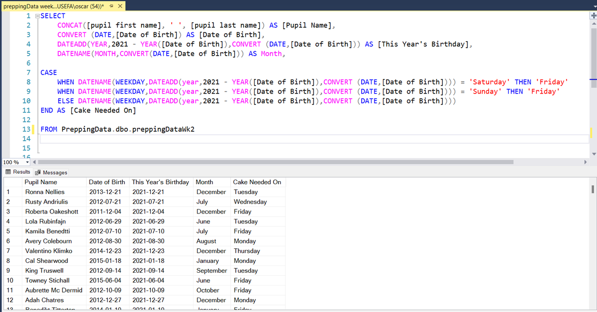 QuequSefa's tweet photo. Day 7/100 - Worked on the #PreppingData challenge by @Datajedininja
SQL and Excel were used to arrive at similar output. Couldn't figure out how to how to get the BDs per Weekday and Month column output.
Github code👇
https://t.co/CKE2qTOU46
#datafam #100daysofdata #sql #excel https://t.co/3I2Dx6hQoO