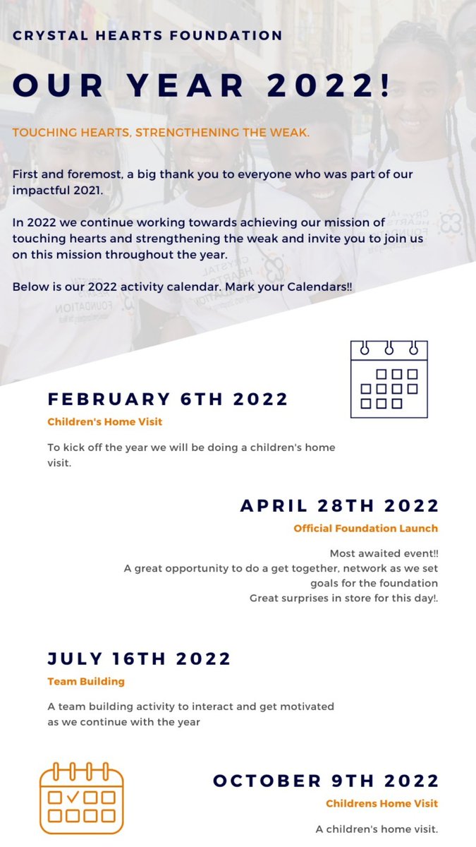 The Crystal Hearts Foundation goal for the year 2022 is to continue working towards our mission and We invite you to join us. Here is our 2022 calendar. Mark your calendars!
Wishing everyone a kind 2022. Looking forward to an impactful year together.

#community #nonprofit