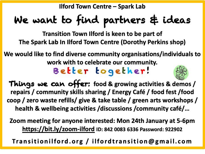 TTownIlford's tweet photo. We are looking for partners for The Spark Lab. @RedbridgeLive @rediae @redbridgecvs @RedbridgeOnBike @recyclesIlford @made_public @A_H_Tay @Frenford_Clubs @RdbrdgGreenFair @BrendaMaguire1 @eliyahqureshi https://t.co/2e67lbr3wC