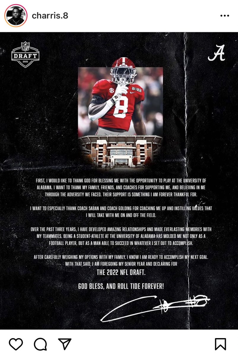 #Alabama LB Christian Harris declares for the 2022 NFL Draft.