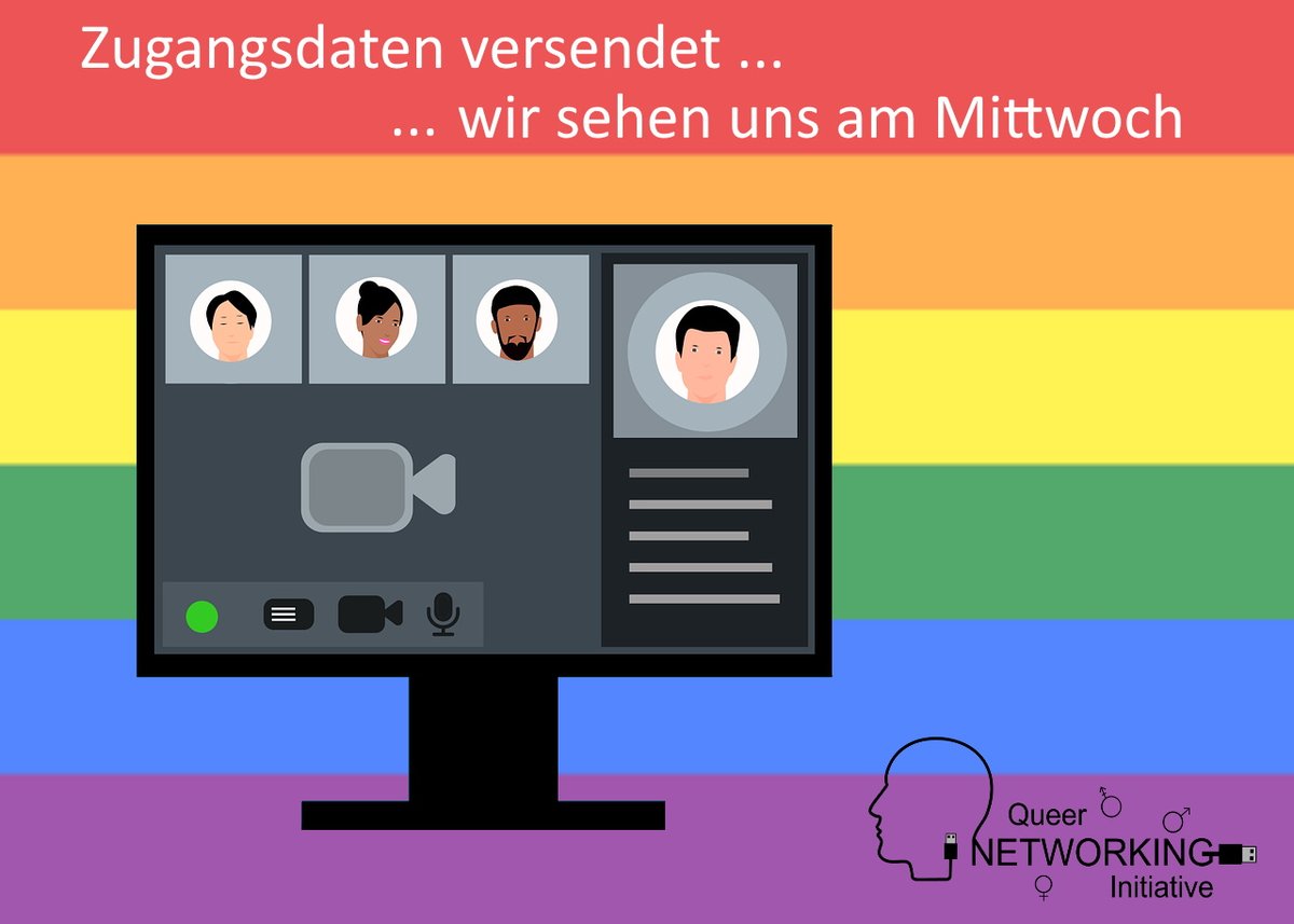 NetworkingQueer's tweet photo. Heute Abend haben wir die Zugangsdaten für die virtuelle Veranstaltung am Mittwoch versendet.
Solltet ihr keine Infos bekommen haben, dann schreibt uns bitte hier auf Facebook, über unsere Webseite oder per E-Mail an kontakt(at)https://t.co/JffpMOg2rn. https://t.co/0njY70nKVv