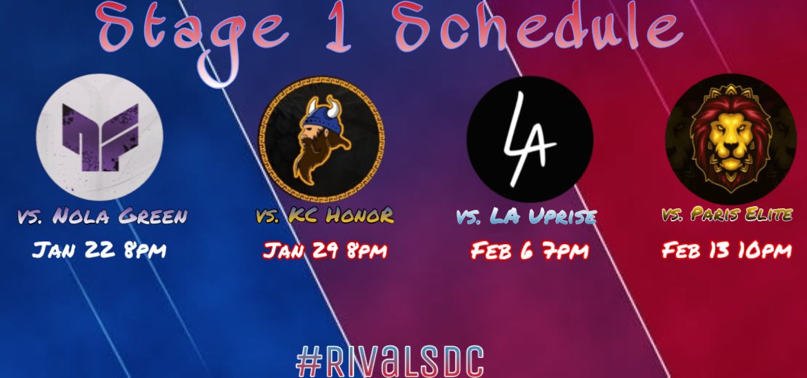 RivalsDC's tweet photo. Here is our Official Stage 1 Schedule for @LeagueImperium
#RivalsDC♥️💙 #OneNation🇺🇸 #DefendTheEast🔷 https://t.co/kSwpAOzwKq