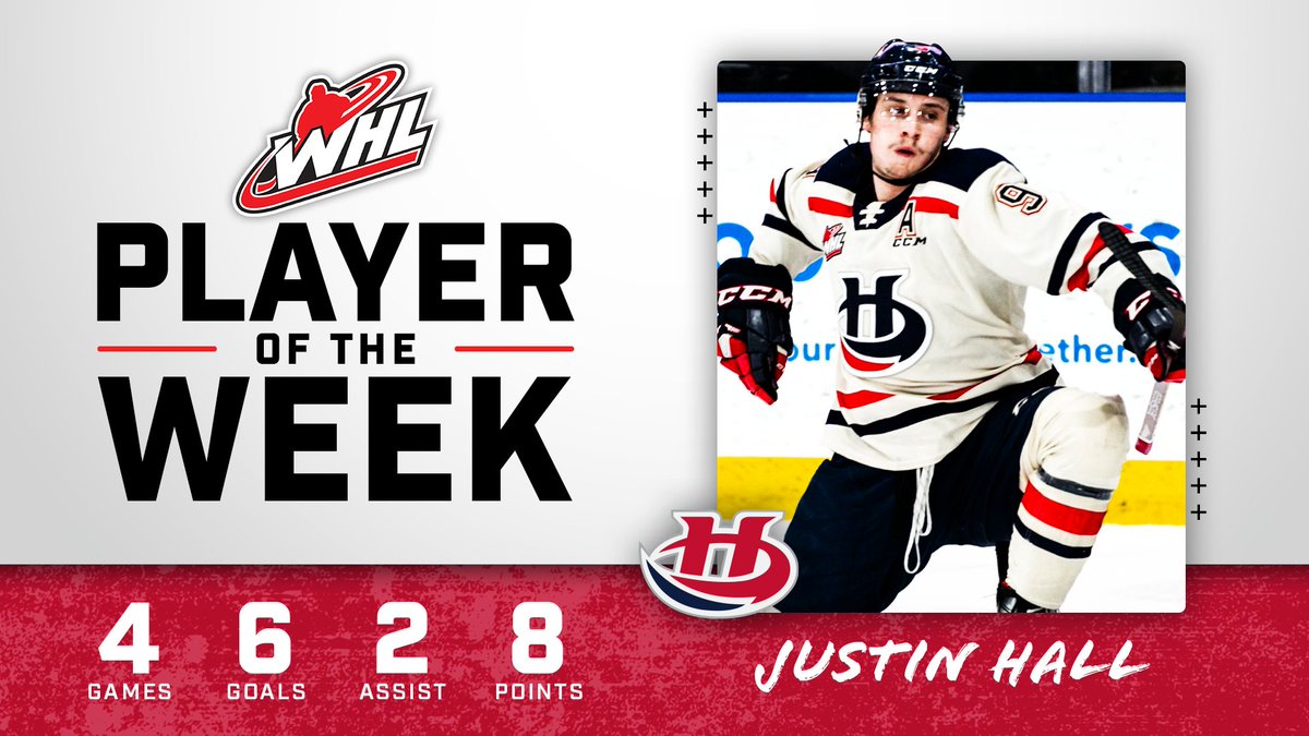 TheWHL's tweet photo. He recorded back to back hat-tricks Saturday and Sunday. @WHLHurricanes forward Justin Hall is the WHL Player of the Week!

📰 | https://t.co/YyW6E7PDZA https://t.co/Bk2qTeud7u