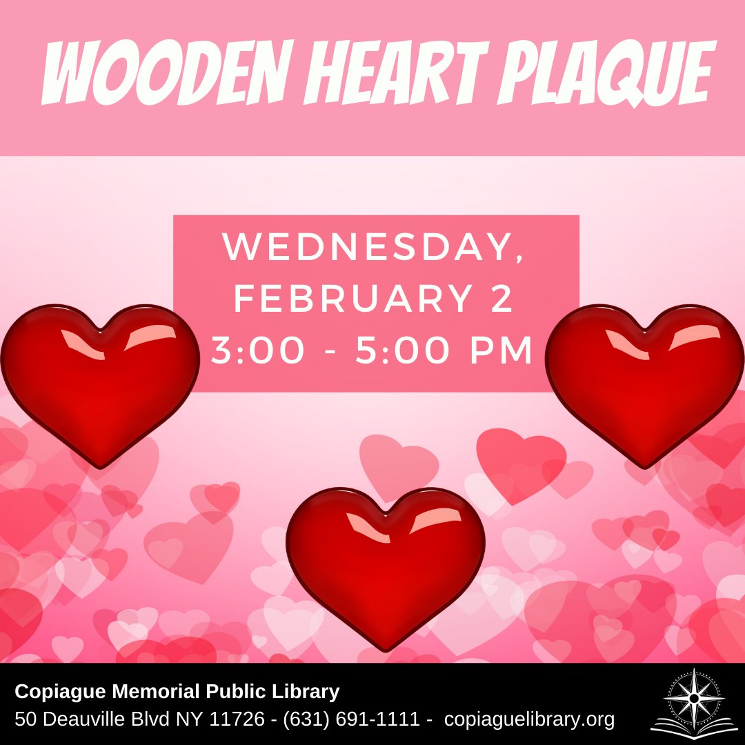 CopiagueLibrary's tweet image. Join cupid Rinette as she helps you create a wooden heart plaque with paint and ribbon. Please bring a sponge brush, liner brush and a glue gun. Register: bit.ly/WoodenHeartPla…
#CopiagueLibrary #Crafts #InPersonPrograms