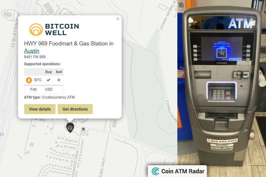 CoinATMRadar's tweet image. Check this new installed #CryptocurrencyATM  #bitcoin ATM at HWY 969 Foodmart &amp;amp; Gas Station in #Austin 🇺🇸. Operated by @bitcoinwell. Supported coins: #BTC
coinatmradar.com/bitcoin_atm/46…