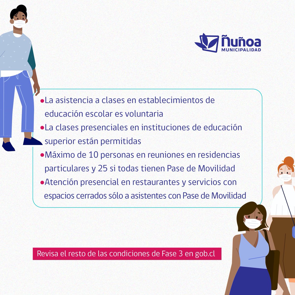 MuniNunoa's tweet photo. 😷¡Vecinas y vecinos, Ñuñoa #retrocede a Fase 3!
⏰Desde las 5:00 am del miércoles 19 de enero #Ñuñoa retrocede a #Preparación junto a todas las demás comunas de la RM. https://t.co/RSJOi8KTcK