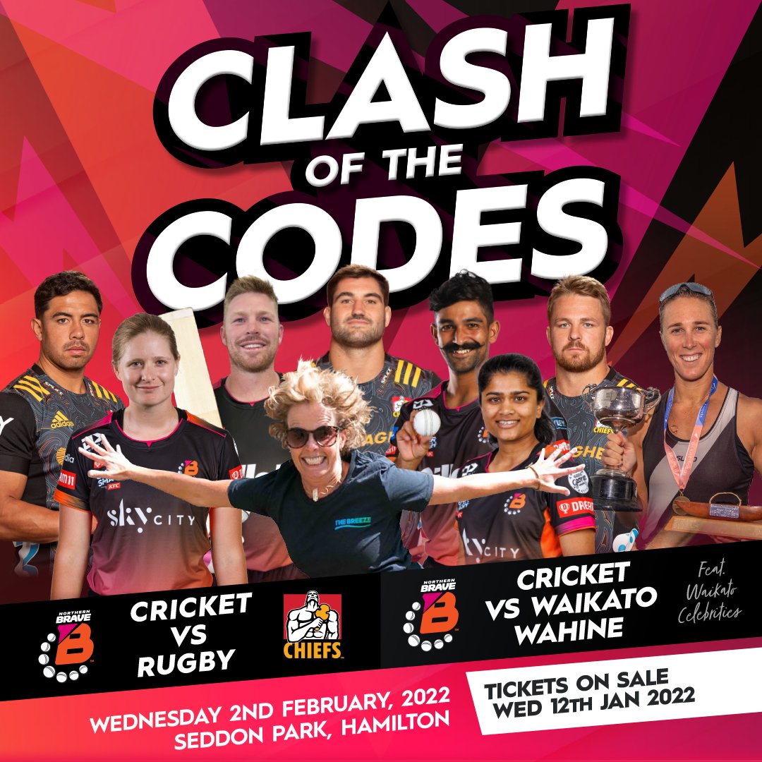 Tickets are LIVE! 
Catch the CLASH OF THE CODES live at Seddon Park on February 2, 6:30pm! Will it be the mighty <a href="/ndcricket/">Northern Districts</a>, <a href="/ChiefsRugby/">Gallagher Chiefs</a> or Waikato Wāhine? Either way it's a “Go team Waikato!” from us 😉 
Tickets 👉 hlive.co.nz/events/t10-cri… 
#clashofthecodes #northernbrave