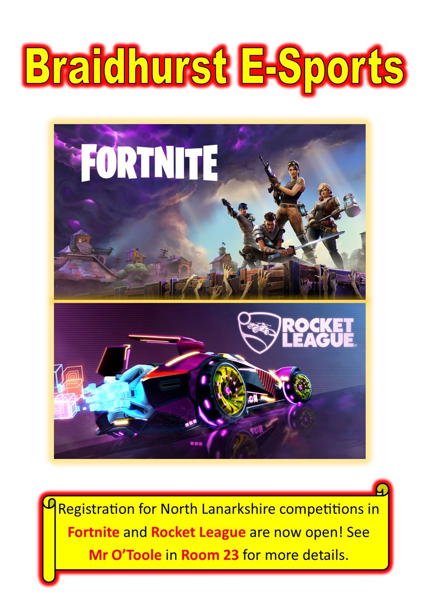 CALLING ALL GAMERS 🎮🕹

Are you interested in joining the <a href="/braidhurst/">braidhursthighschool</a> E-Sports team?! We’re looking for Rocket League and Fortnite players to take part in the North Lanarkshire E-Sports competition. <a href="/BraidhurstFF/">Braidhurst Future Friday</a> 

See Mr O’Toole in the Computing Department for more information.