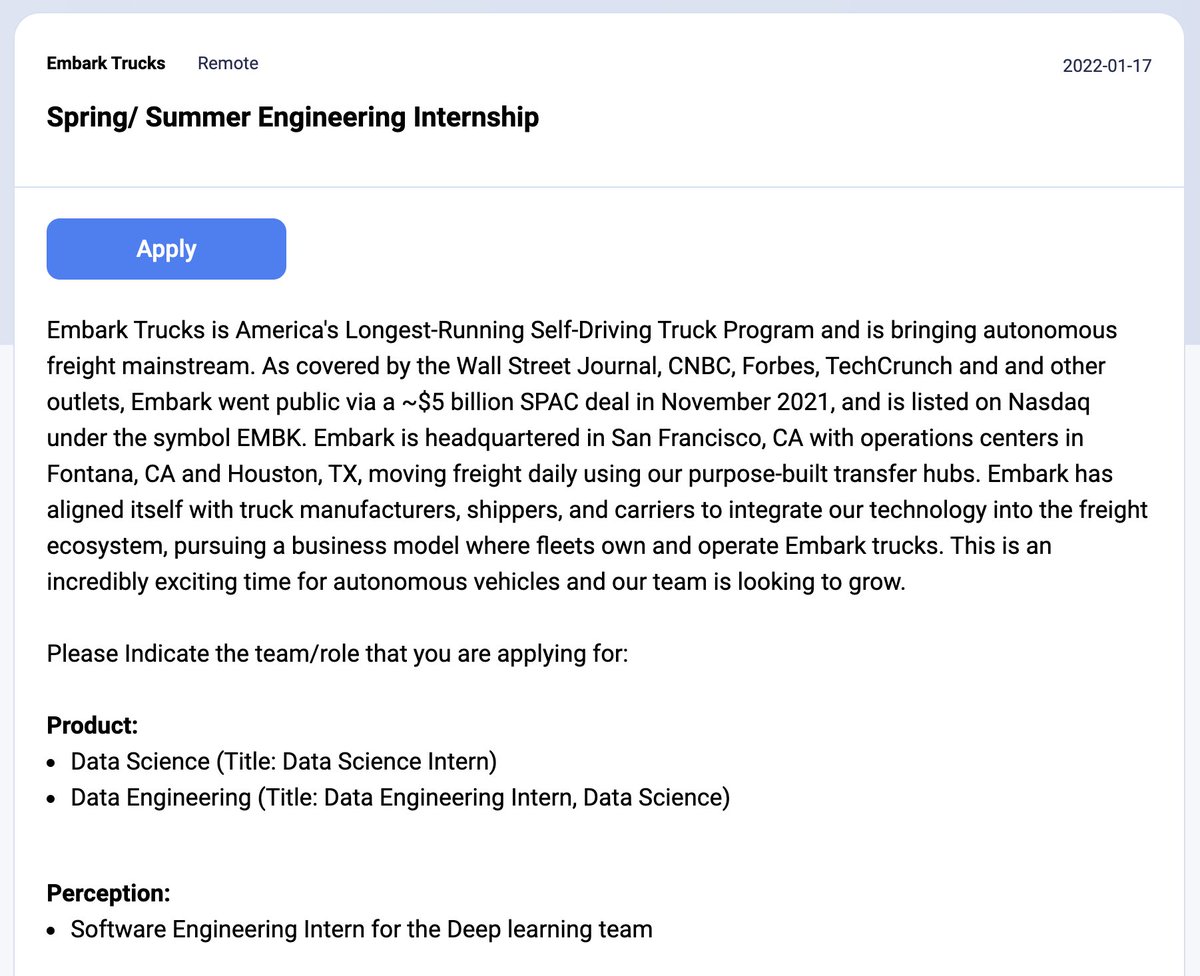 dayrows's tweet image. Spring/ Summer Engineering Internship | Embark Trucks
dayrows.com/vacancy/4642

#dayrows #EngineeringInternship #remoteinternship #remotejobs