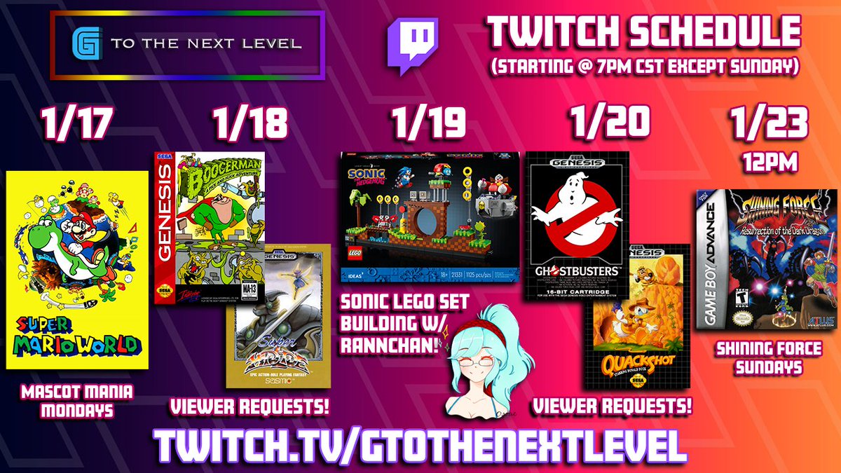 GtoTheNextLevel's tweet photo. New Twitch Schedule! โจ(link in replies ๐ & bio)
First time playing through Super Mario World (yes, really), 2 Sega Genesis Viewer Requests, and the Sonic Lego set building w/ @Rannchan for #CouplesCollab is back on!
Hope to see you! ๐ #retrogaming #SonicTheHedgehog #twitchtv https://t.co/l5FsGztrtV