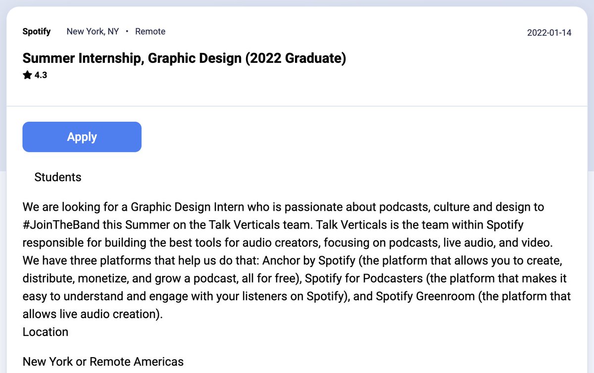 dayrows's tweet image. Summer Internship, Graphic Design (2022 Graduate) | Spotify
dayrows.com/vacancy/4327

#dayrows #remoteinternship #spotifyinternship #designinternship #remotejobs