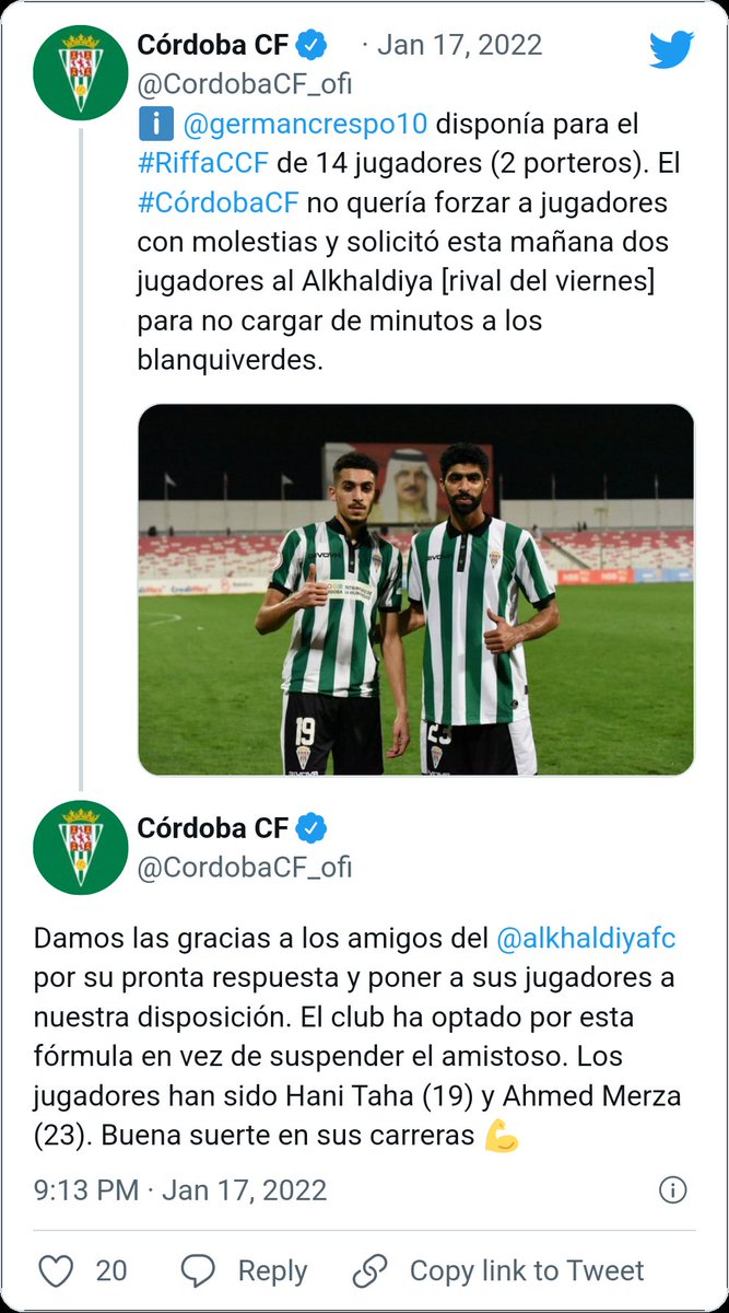 canblanquiverde's tweet photo. Comunicado del @CordobaCF_ofi confirmando la situación que ha provocado la alineación de 2 jugadores locales para no cargar a los 14 disponibles (Marín y Felipe entre ellos) pensando en el #CCFXerez.
#CCFinBahrain 🇧🇭 https://t.co/WtsdTOgoXq