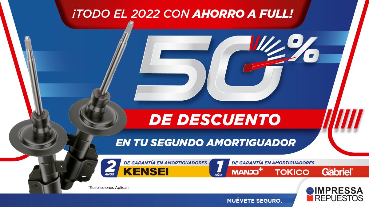 IMPRESSAREP's tweet image. Arranca el año cambiando tus Amortiguadores 😎 APROVECHA el 50% de descuento en tu segundo amortiguador 😉 Cotízalos al 2278-9999 o por WhatsApp: bit.ly/3uxLJ10

🔷 Promoción del 1 al 31 de enero 2022
🔷Ver restricciones: bit.ly/2Ee6Orr