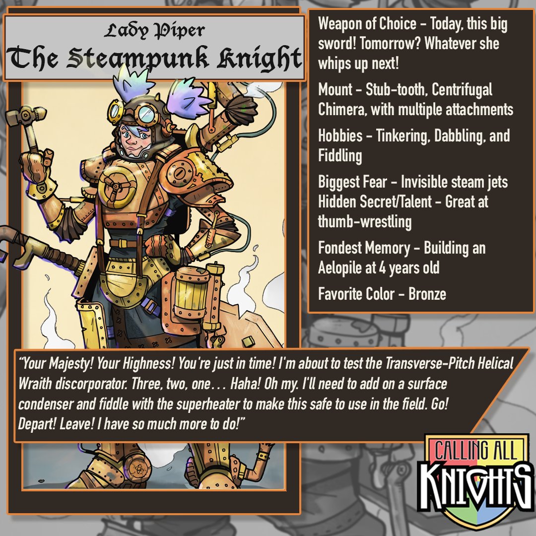 calipigeongames's tweet photo. Welcome Lady Piper, the Steampunk Knight! She's taking a break from her tinkering to slay a few beasties. She'll keep the Kingdoms safe for as long as her attention span allows!

Art by @lashy.lp

#calipigeon #callingallknights #tabletopgames #steampunks #gears #steampunkstyle https://t.co/jkBBKT8aTv