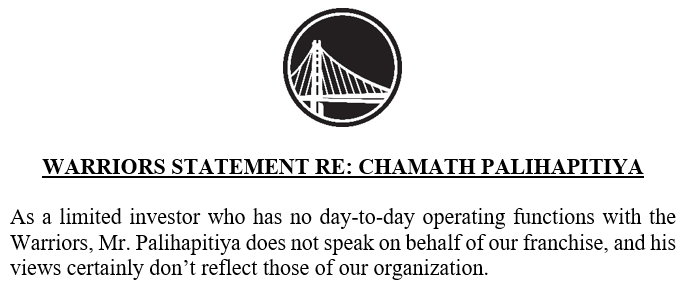 WarriorsPR's tweet photo. Warriors statement re: Chamath Palihapitiya: https://t.co/zUl6i9sOve