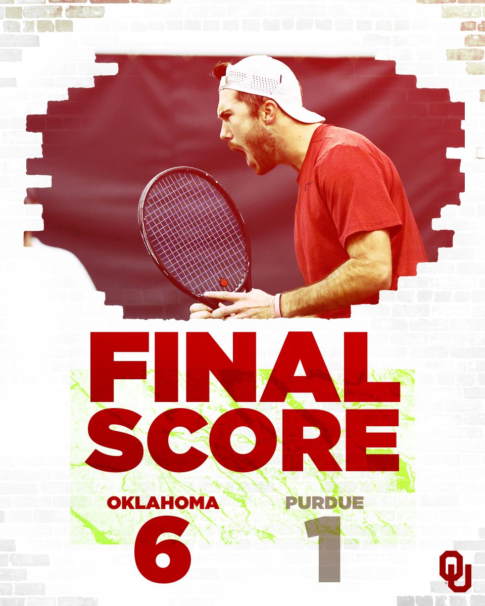 OU_MTennis's tweet photo. FINAL | #24 OU 6, Purdue 1

𝗕𝗶𝗴 𝘄𝗶𝗻 over a Big Ten foe‼️

#Sooners defeat Purdue 6-1, advancing to 3-0 on the season!

#WeAreOU https://t.co/4kNJDxAvqh