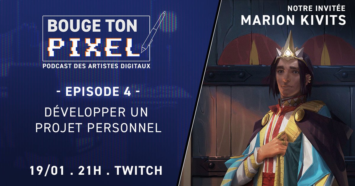 Notre prochain épisode, c'est ce mercredi en live sur Twitch à 21h.
Nous y parlerons de l'importance de développer un projet personnel à côté de son job principal ! 

Nous serons accompagné de Marion Kivits, illustratrice &amp; concept artiste !

👉twitch.tv/bougetonpixel