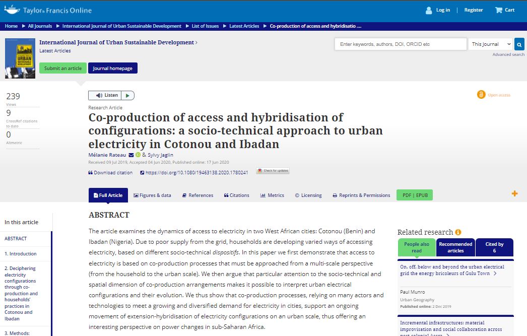 RateauMelanie's tweet photo. Our article « Co-production of access and hybridisation of configurations: a socio-technical approach to urban electricity in Cotonou and Ibadan » is now in open access ! https://t.co/DKbuKxBWPz https://t.co/U1bljWN1wR
