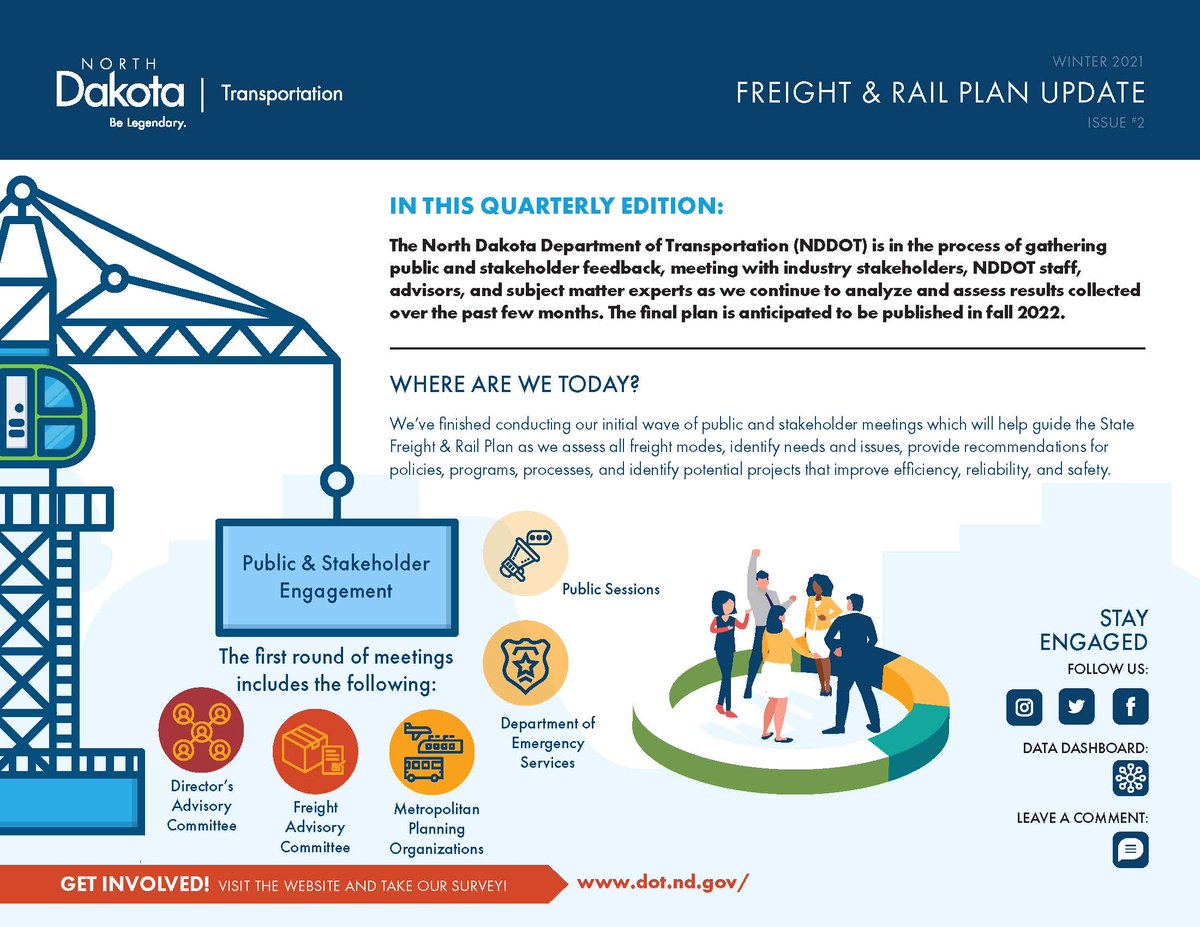 NDLRTP's tweet photo. The winter project update is now available! We are currently analyzing the condition of the state’s transportation network for truck and rail. The Freight &amp; Rail Plan is data-driven and focuses on the future of multi-modal freight transportation in ND. https://t.co/PWGLNRF1ZH