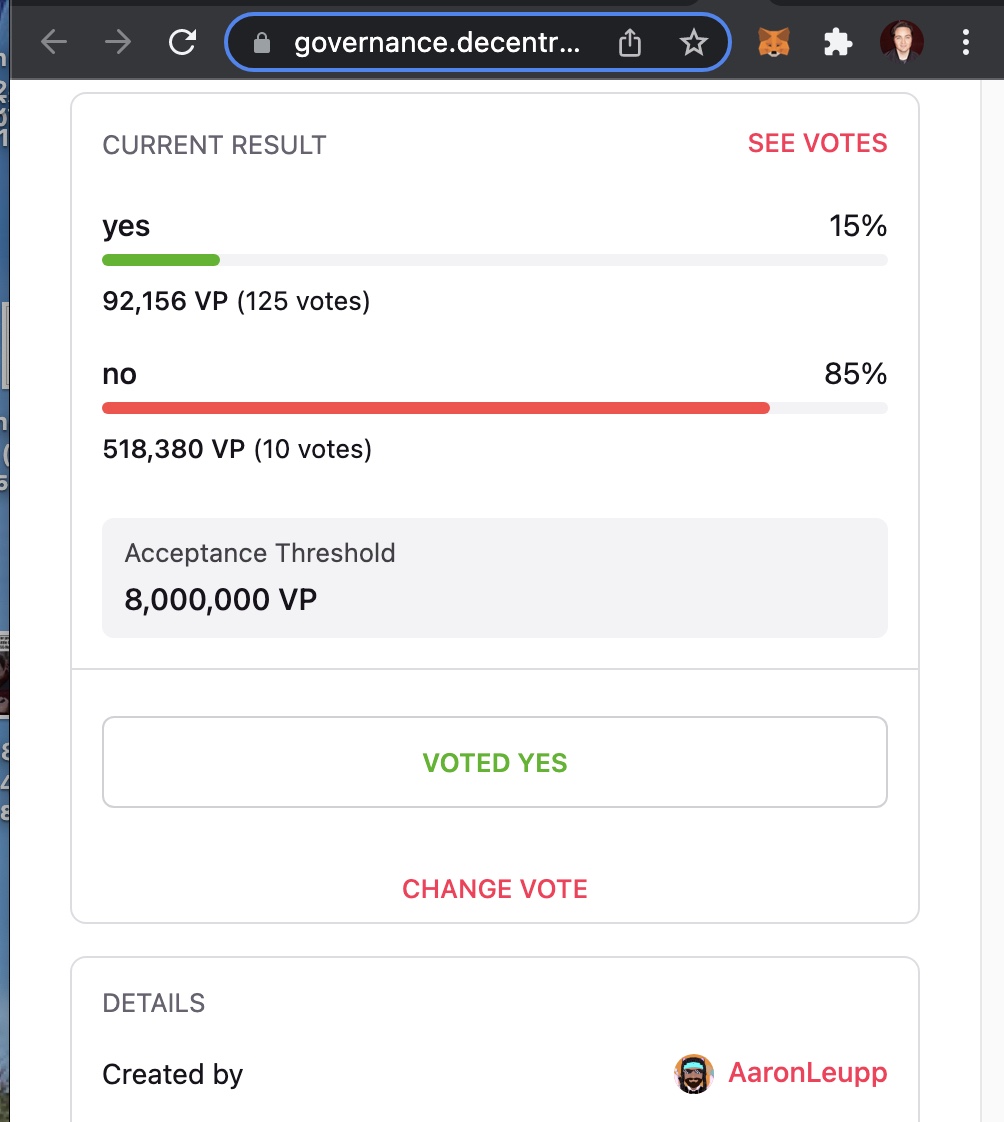 Thanks who voted so far on our <a href="/decentraland/">Decentraland</a> grant proposal to do weekly show and give away for you all. So far we have 125 yes votes I think more than any grant that has passed in Decentraland history. We will keep working hard on finding people with high VP power. thanks again!