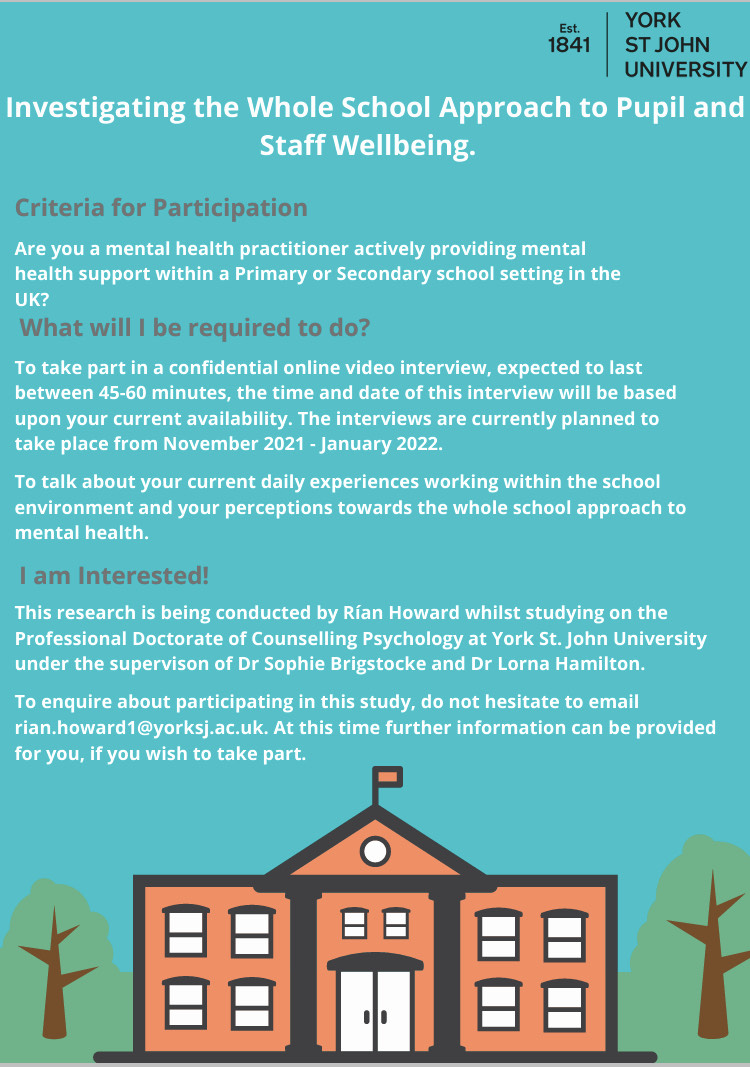 Rian_Howard's tweet photo. I am recruiting for study 2 of my Doctoral Thesis

Are you currently a mental health professional working in a Primary or Secondary School in the UK?
I would like to ask you about your understanding and experiences of the Whole School Approach!

Please share if you can!
Thankyou! https://t.co/gUDTiZLLQZ
