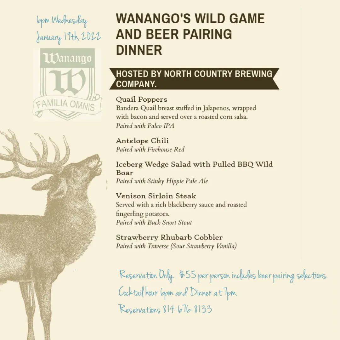Stop out to Wanango Country Club to join our North Country Craft Peddlers for   a 🐗🦌 Wild Game &amp; NCBC Beer Pairing Dinner! 🍻🍽️  #northcountrycraftpeddlers #NCBC #northcountrybrewing #wildgamedinner