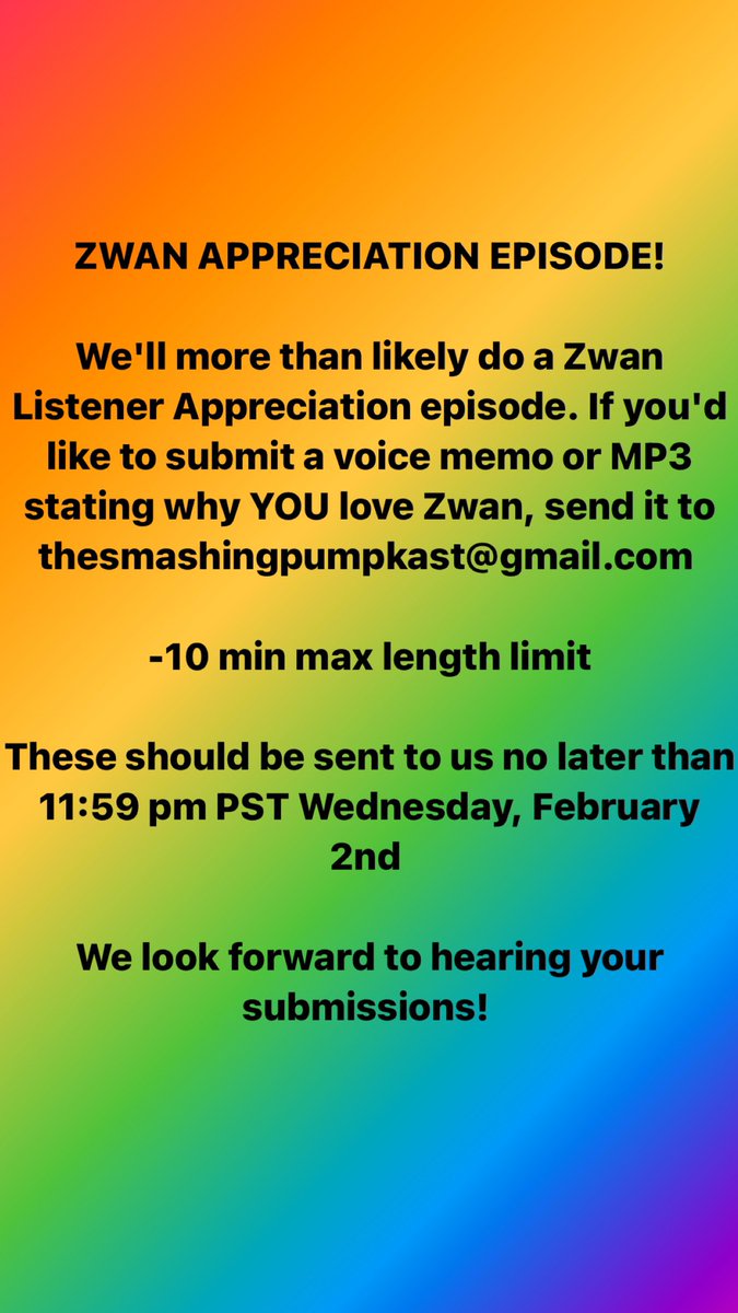 SUBMIT TO OUR ZWAN APPRECIATION EPISODE! 
Deadline is 11:59 pm PST Wednesday, February 2nd 

#zwan #truepoetsofzwan #djalizwan #billycorgan #billieburke #jimmychamberlin #pazlenchantin #davidpajo #mattsweeney