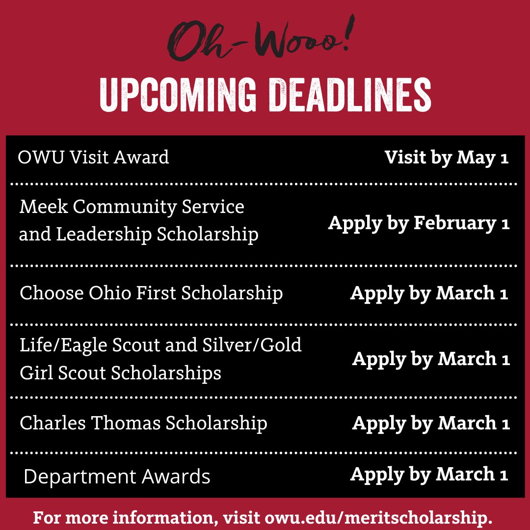 Class of 2026! Do you qualify for any of our additional scholarships and awards? Don't forget to apply!

Check our our website at owu.edu/meritscholarsh… for additional information.