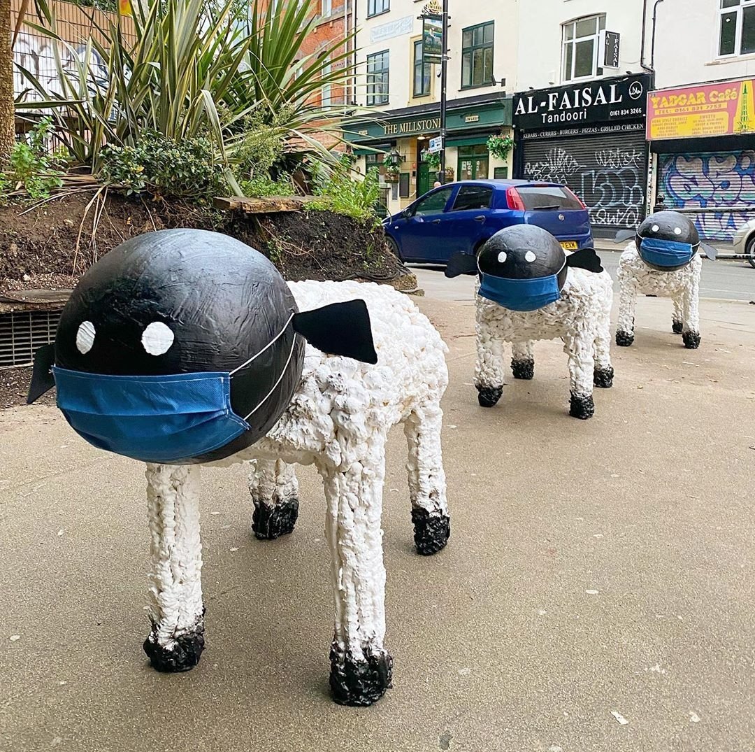 One of my first lockdown pieces, early 2020. When not even the government were pushing masks.
This installation lasted 4 hours, first the masks were ripped off, then the sculptures dissapeared. Anyone in Manchester know where my sheep are 🐏🐏🐏