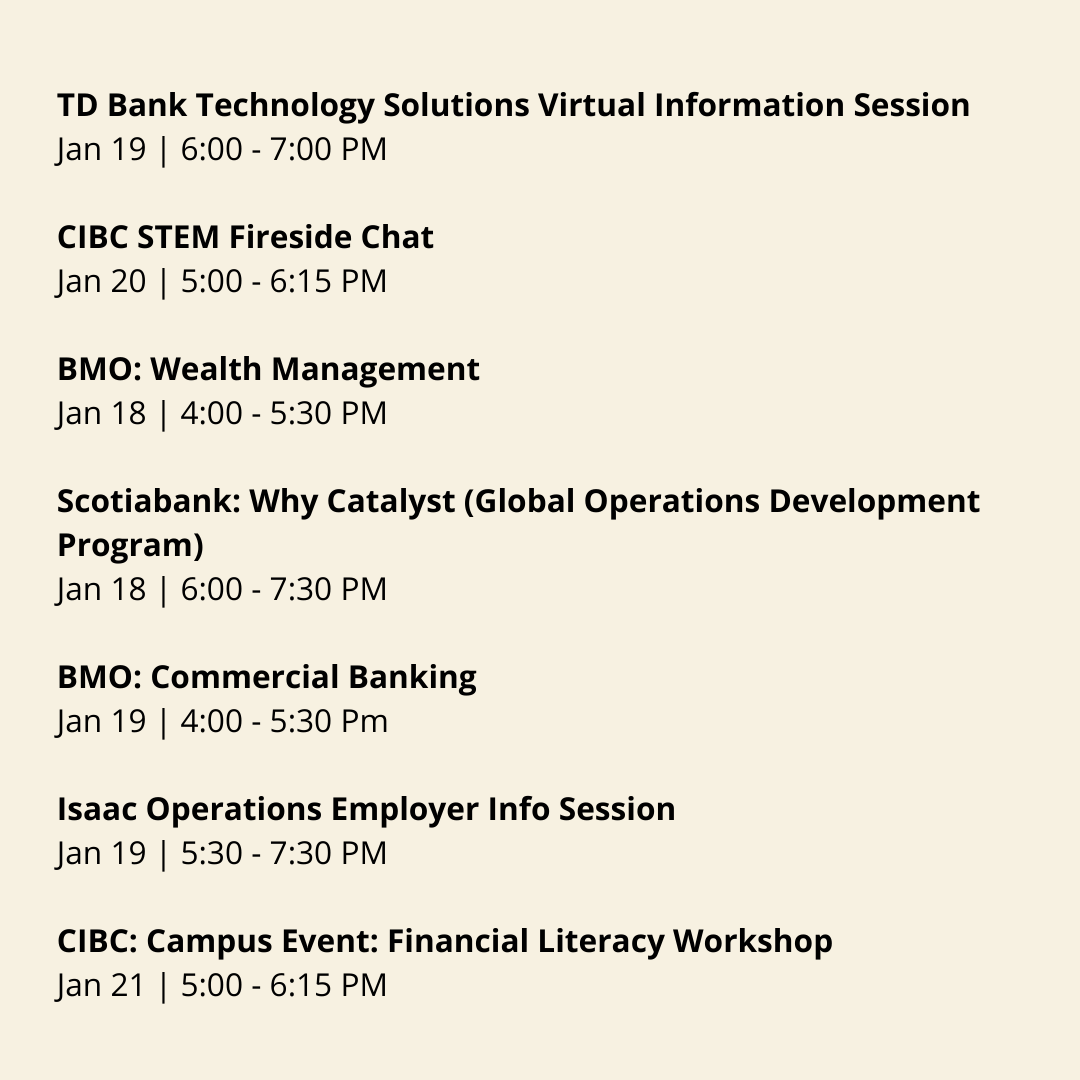 Happy Monday Everyone! Check out the upcoming events this week. To register, log in to myCareer mycareer.dal.ca/home.htm 

#SITEcoop #DalhousieUniversity #WorkIntegratedLearning #events