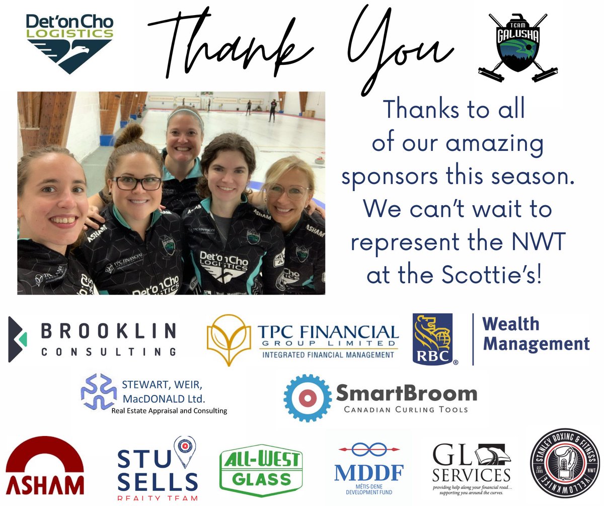 As we prep for the Scottie’s we want to send another shout out to all of our amazing sponsors this season! 

Sponsors help us achieve our goals &amp; help us compete &amp; spend a lot of time doing what we love! 🥌 #curling #ThankYou #TeamNWT 👏